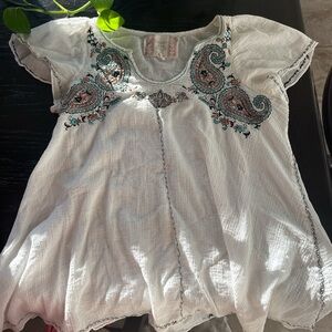 Chelsea & Violet White Gauze Blouse with Teal and Coral Paisley Embroidery